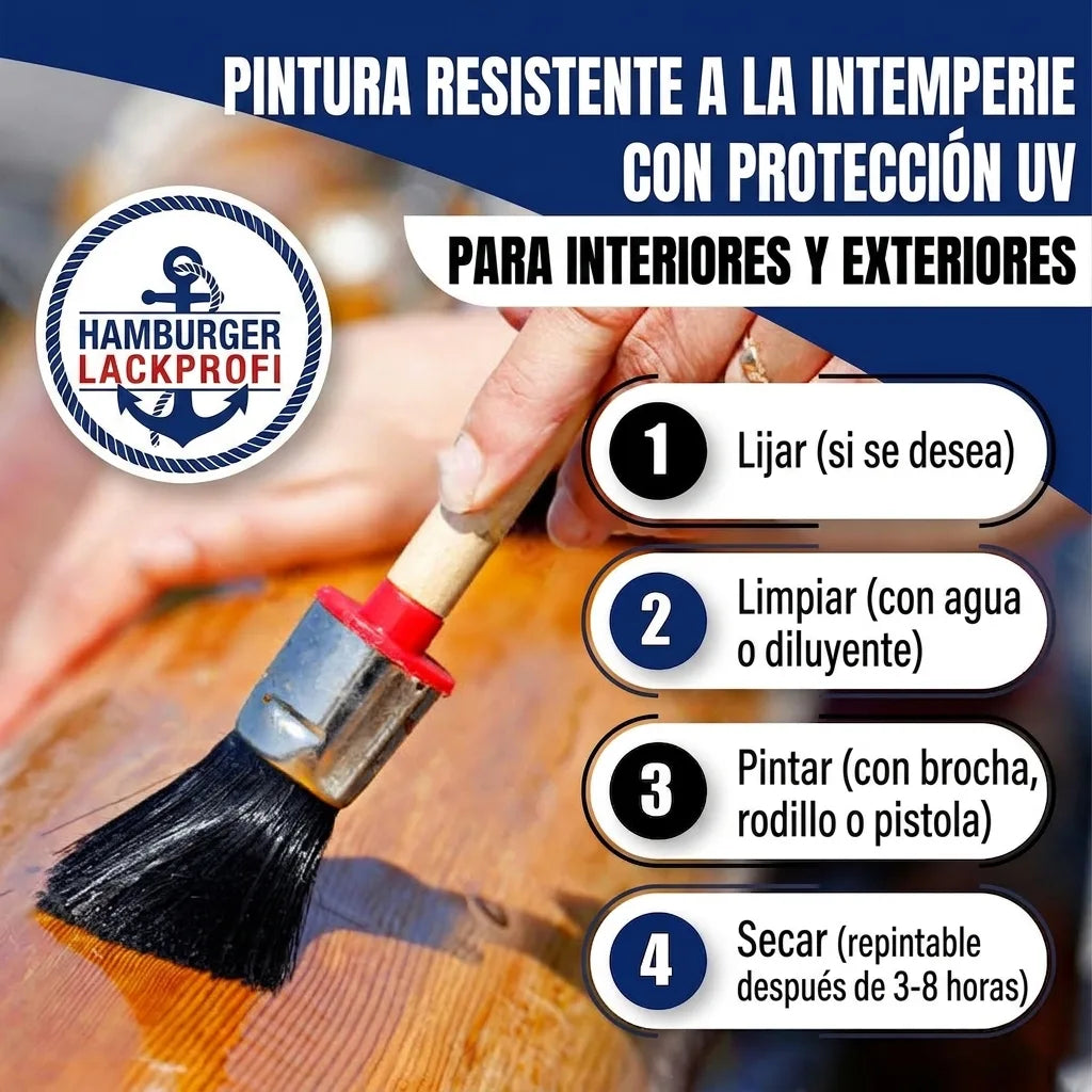 Mano pintando madera con brocha. Texto alemán: pintura intemperie con protección UV para interior/exterior y 4 pasos: lijar, limpiar, pintar