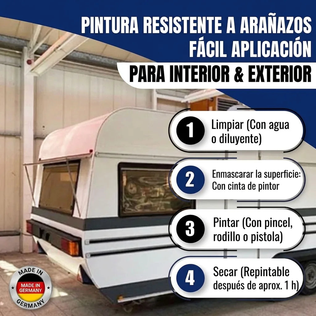Pintura para caravanas: resistente a arañazos, fácil de aplicar para interior/exterior. Pasos: limpiar, encintar, pintar, secar.