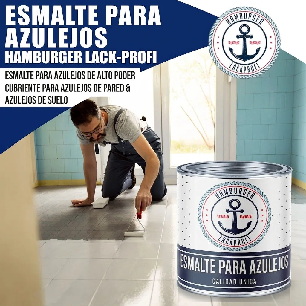 Hombre aplicando esmalte Fliesenlack blanco sobre azulejos. Bote de pintura Hamburger Lack-Profi para baldosas.