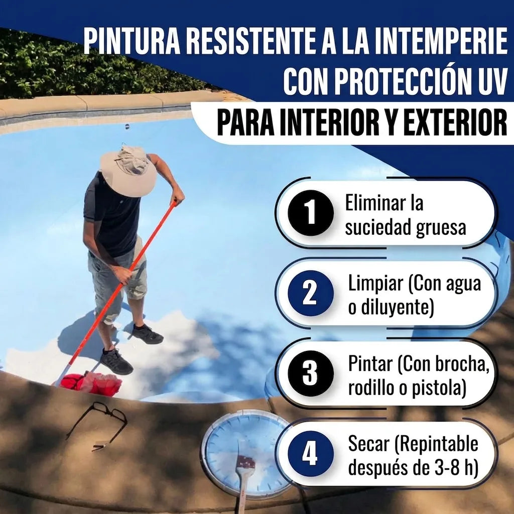 Hombre pintando una piscina. Pasos para aplicar pintura resistente a la intemperie y a los rayos UV para interior y exterior.