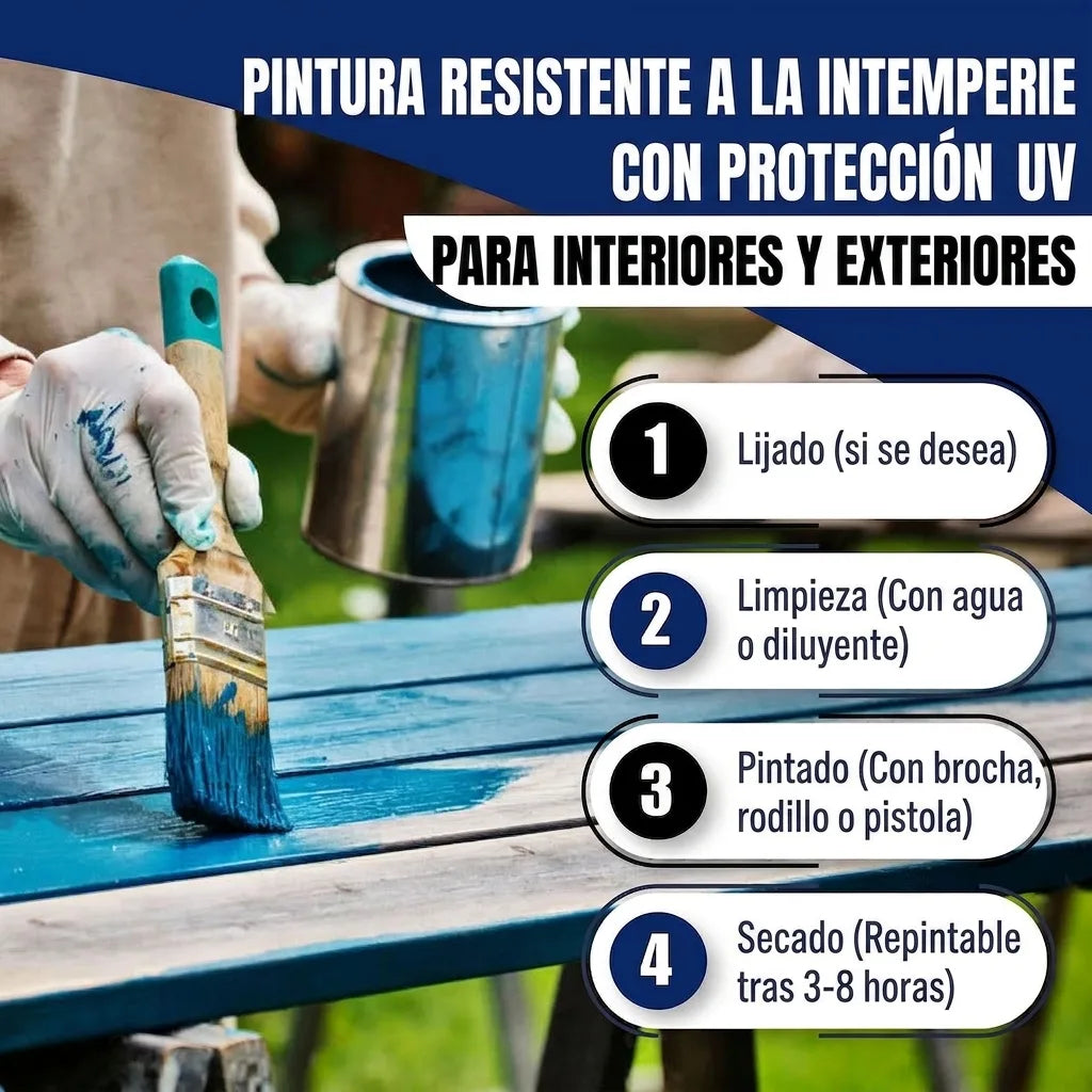 Mujer pintando una mesa con instrucciones para pintura resistente a la intemperie y UV, para interiores y exteriores.