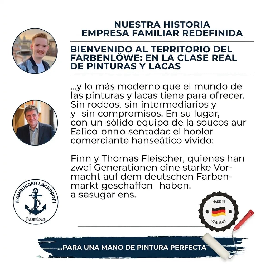 Historia de Farbenlöwe, empresa familiar con Finn y Thomas Fleischer, destacando sus pinturas de 'clase real' alemanas.