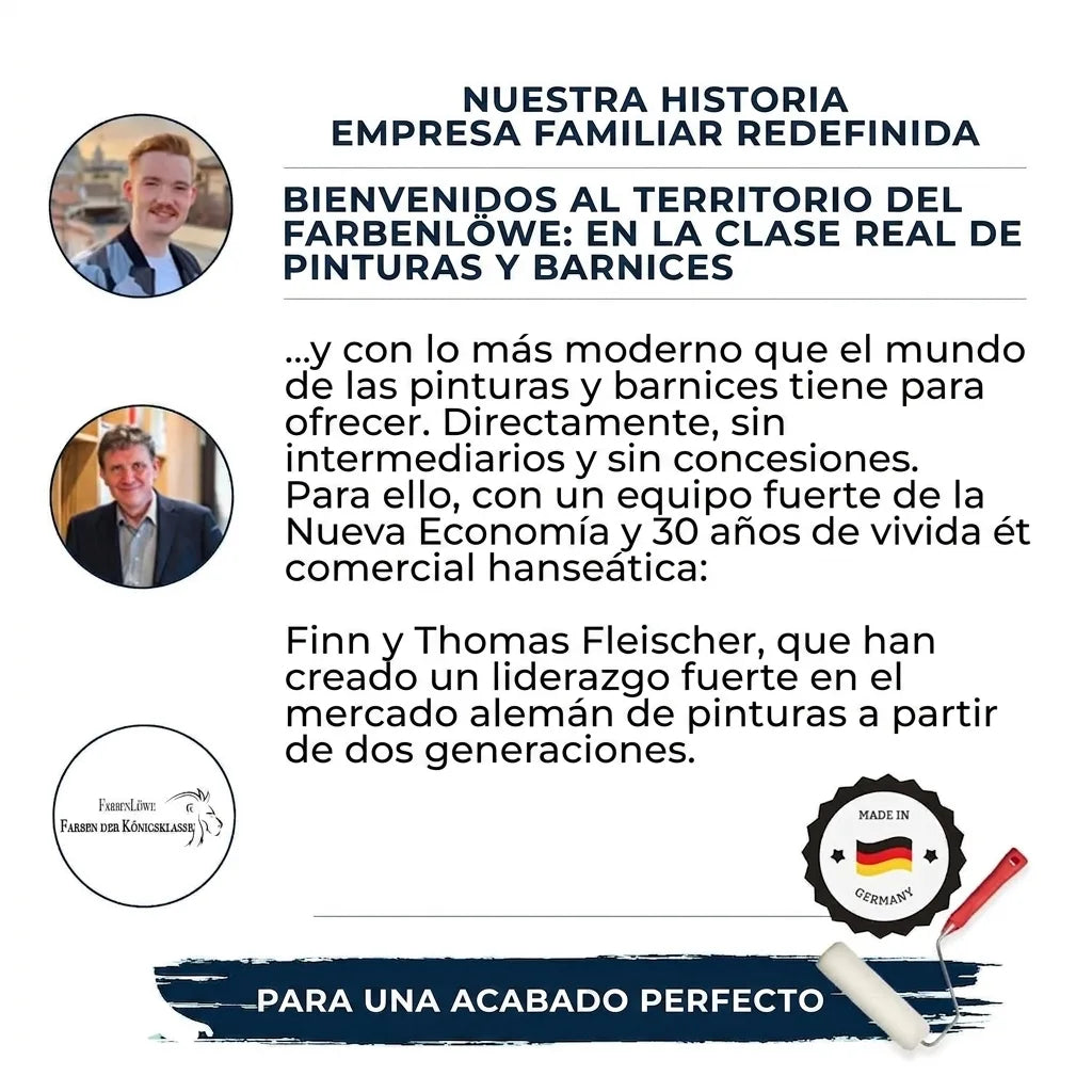 Publicidad de FarbenLöwe, empresa familiar alemana de pinturas y lacas, con retratos y logo.