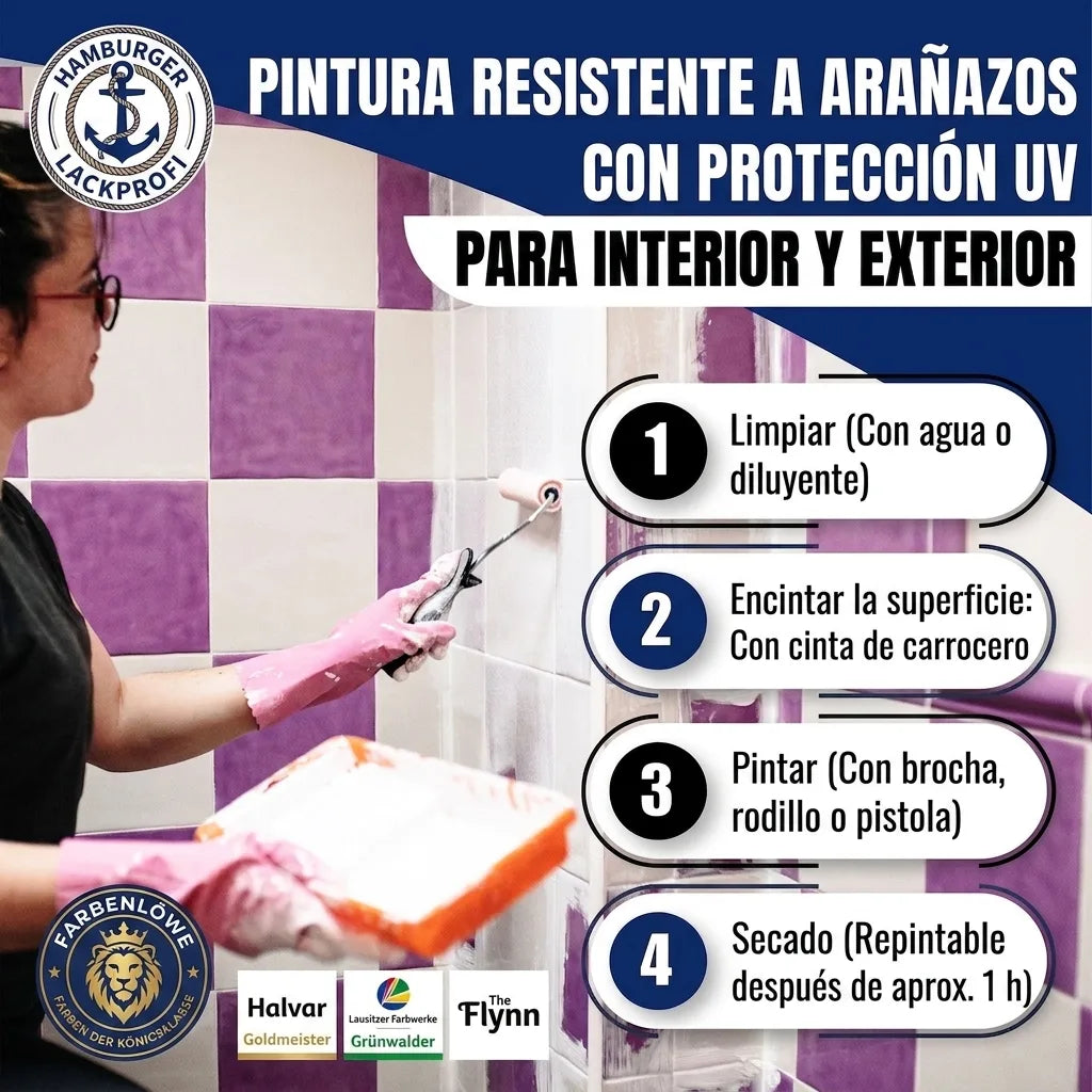 Pintura anti-rayas UV para interior/exterior. Mujer pinta azulejos. Guía de uso: limpiar, enmascarar, pintar, secar.