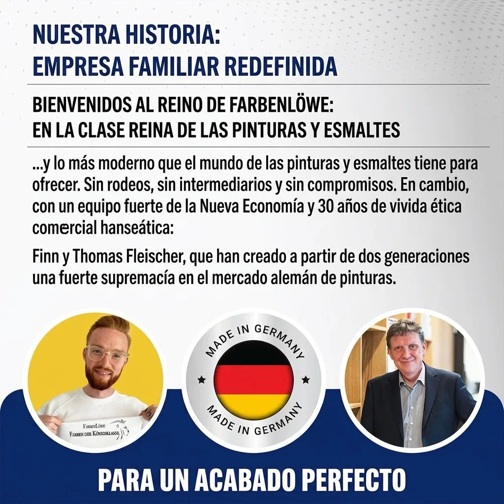 Historia de empresa familiar alemana de pinturas y lacas, con texto y fotos de los fundadores. Hecho en Alemania.