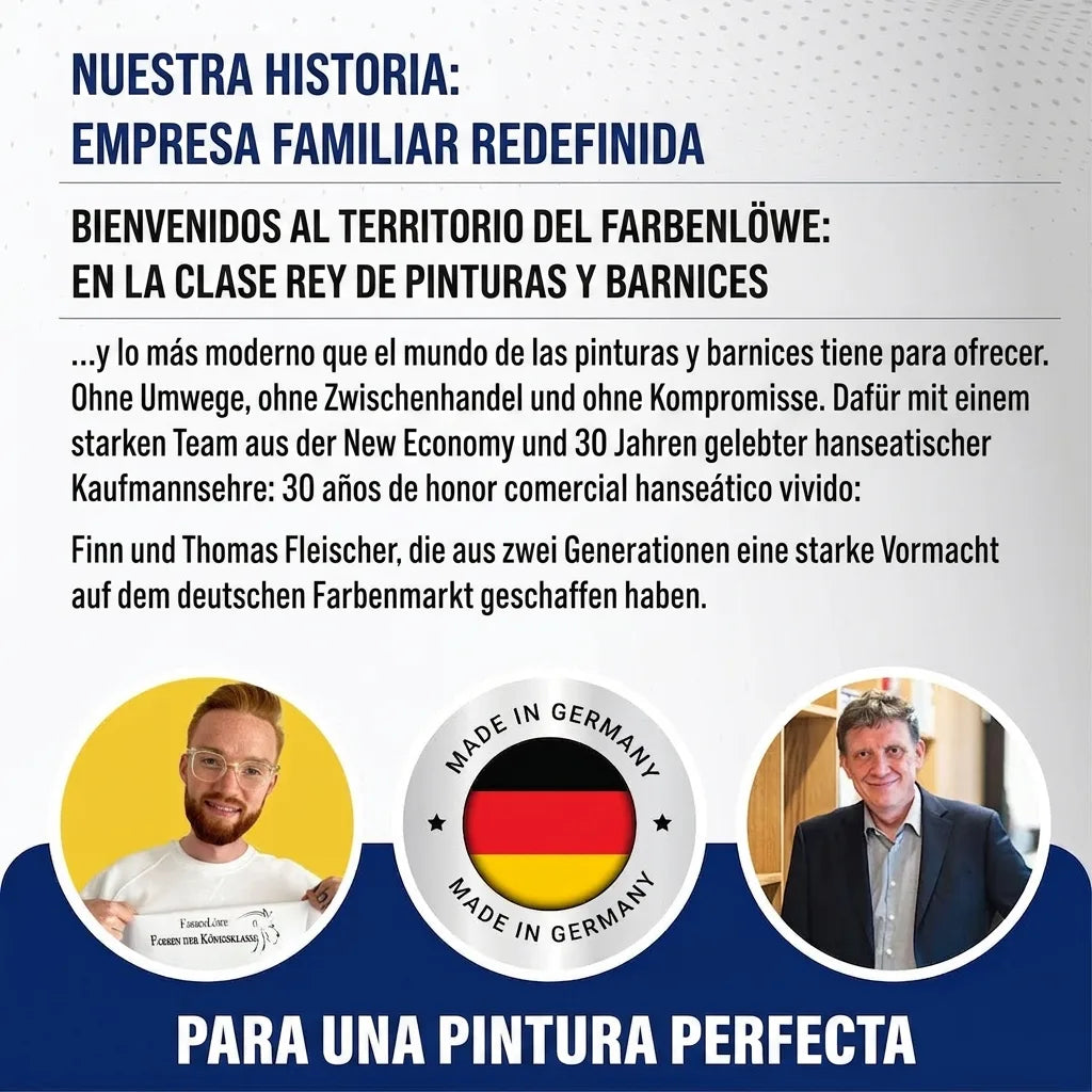 Historia de la empresa familiar 'Farbenlöwe' redefiniendo pinturas, con Finn y Thomas Fleischer y sello 'Made in Germany'.