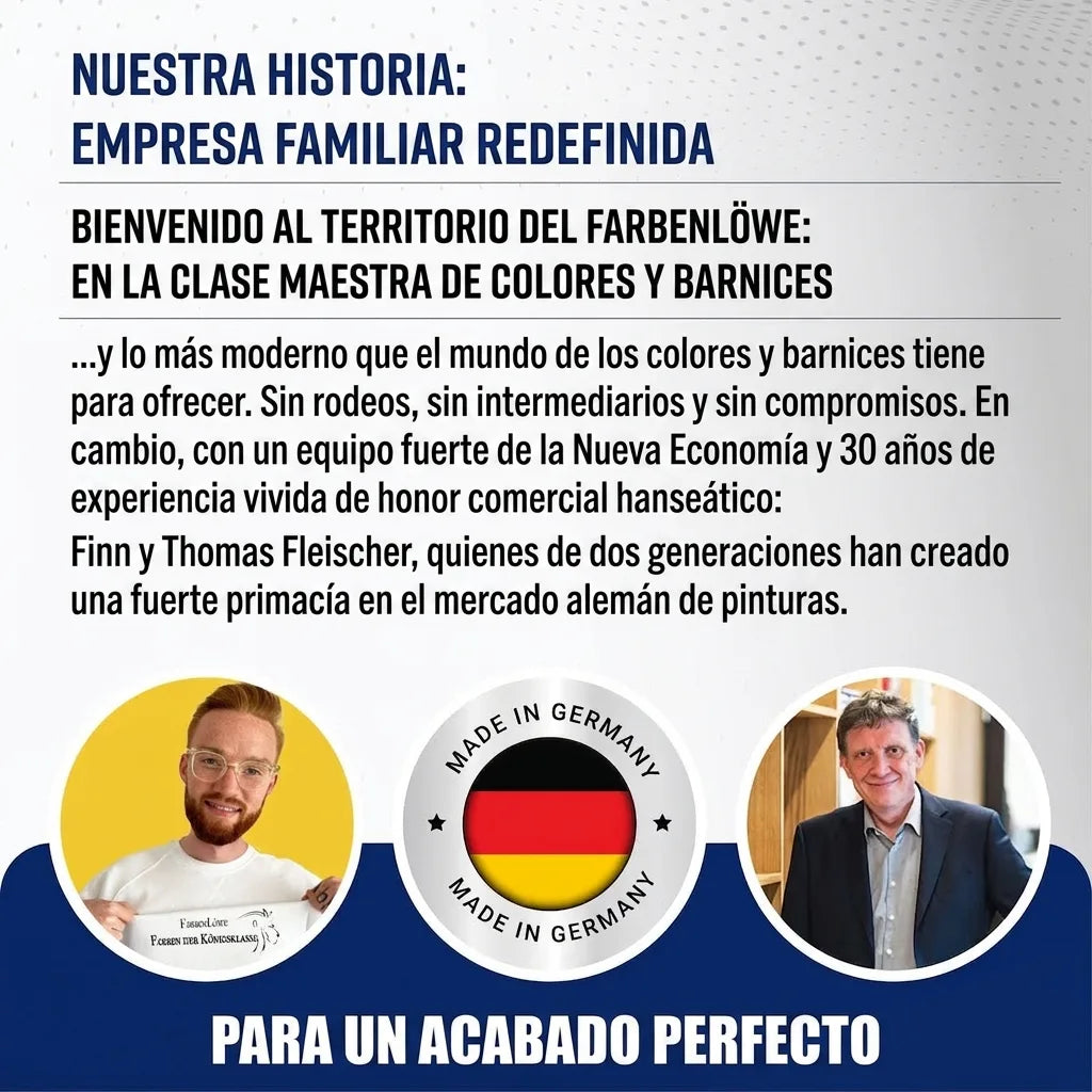 Historia de Farbenlöwe, empresa familiar de pinturas, calidad alemana, con Finn y Thomas Fleischer.