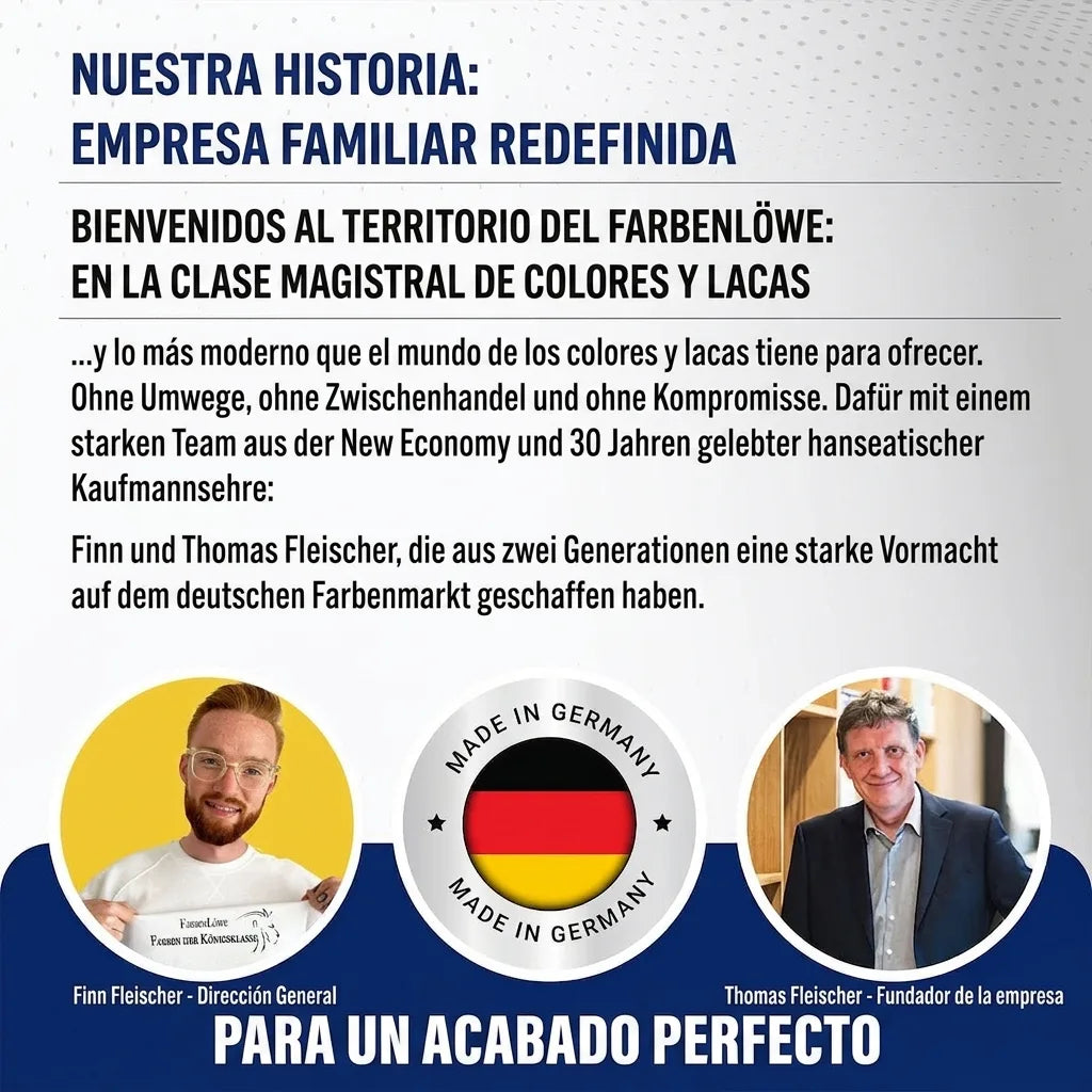 Finn y Thomas Fleischer de empresa familiar alemana de pinturas. Texto: 'Nuestra historia: Empresa familiar redefinida', 'Made in Germany'.