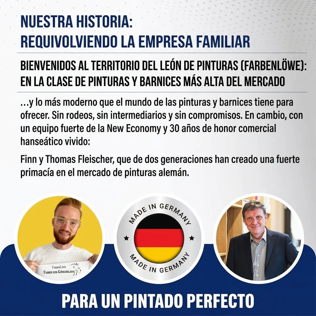 Historia de la empresa familiar 'Farbenlöwe' redefiniendo pinturas, con Finn y Thomas Fleischer y sello 'Made in Germany'.