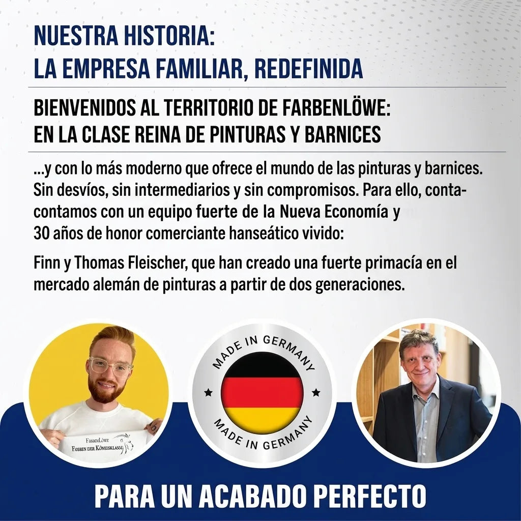 Imagen de texto en alemán sobre una empresa familiar de pinturas, con dos hombres y sello 'Made in Germany'.