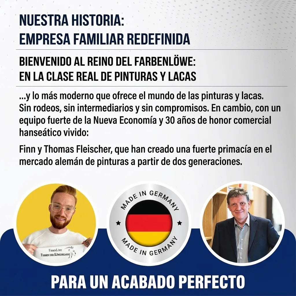 Historia de FarbenLöwe: empresa familiar de pinturas y lacas, con Finn y Thomas Fleischer. Hecho en Alemania, para un acabado perfecto.
