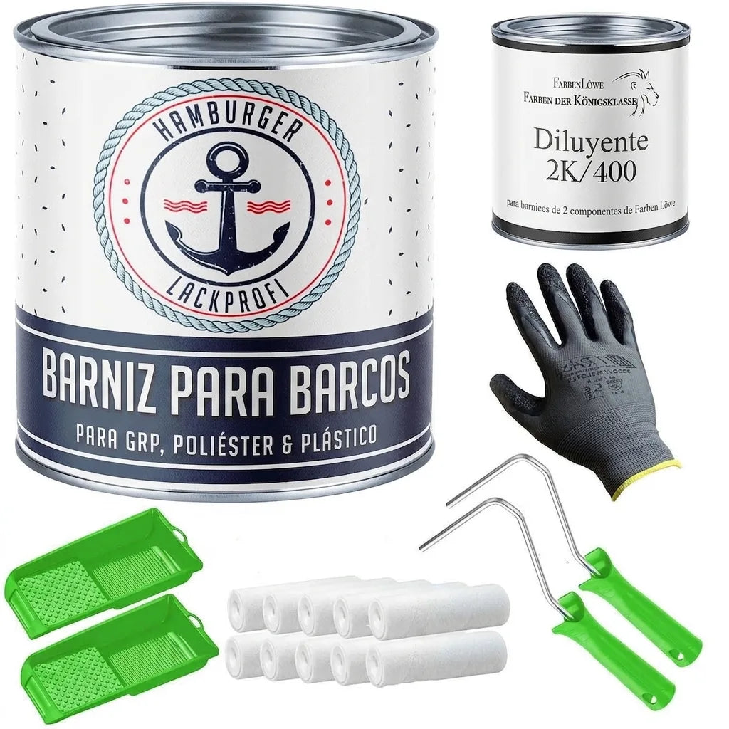 Kit de pintura para barcos: laca, diluyente, guantes de trabajo, rodillos y bandejas de pintura.