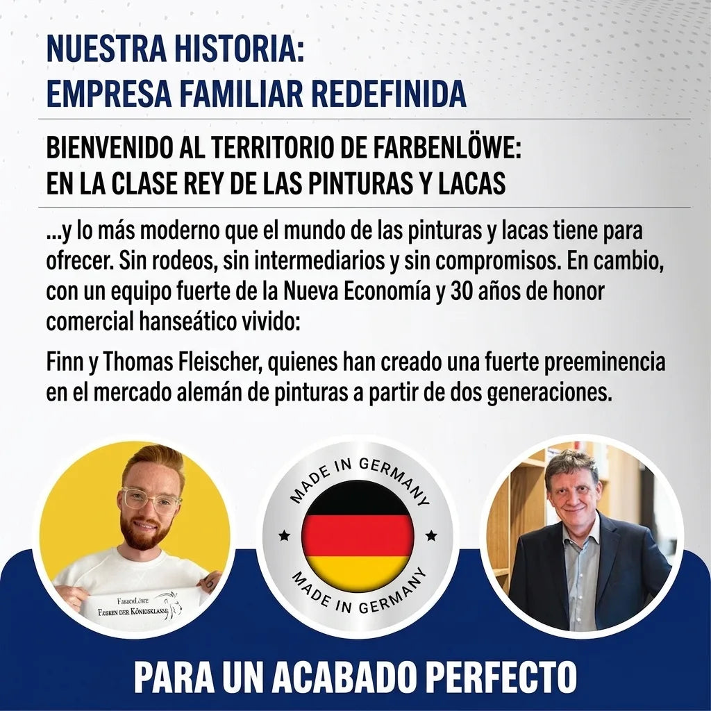Texto alemán: empresa familiar de pintura y barniz, historia, Finn y Thomas Fleischer, y sellos Made in Germany.