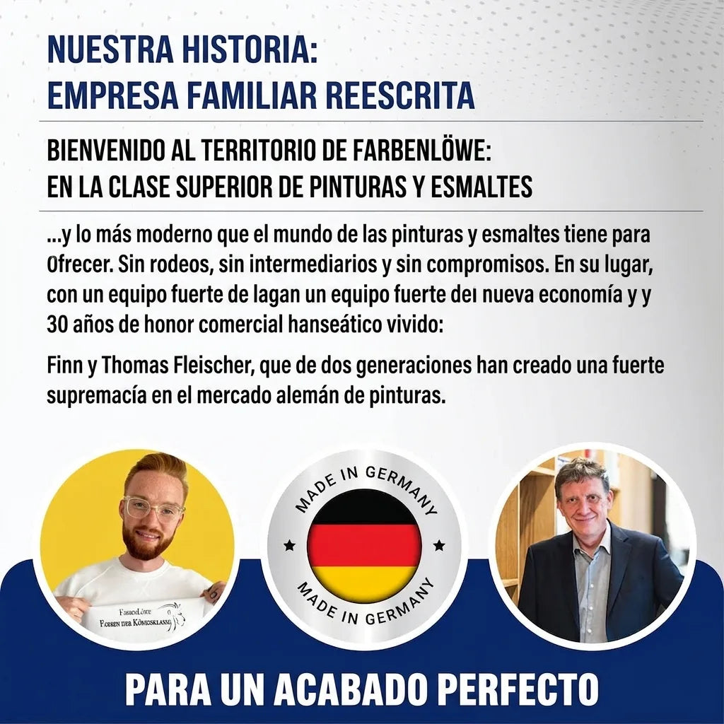Texto alemán: empresa familiar de pintura y barniz, historia, Finn y Thomas Fleischer, y sellos Made in Germany.