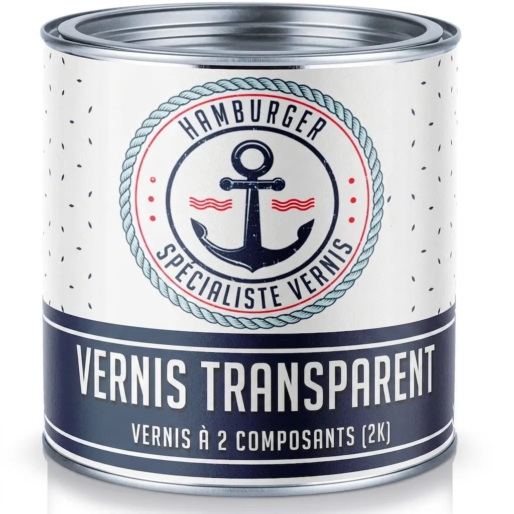 Pot de vernis transparent bi-composant Hamburger Lackprofi avec un logo d'ancre marine.