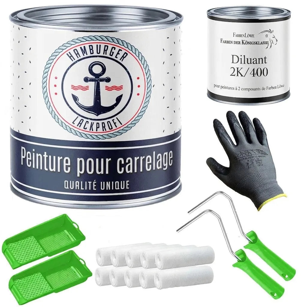 Vernis carrelage Hamburger Lackprofi, diluant Farben Löwe, gants, rouleaux et bacs à peinture.