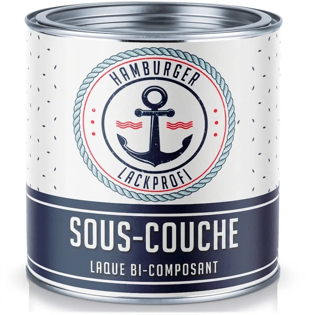 Pot de peinture blanc et bleu 'Hamburger Lackprofi' : apprêt et laque 2 composants, design nautique avec ancre.