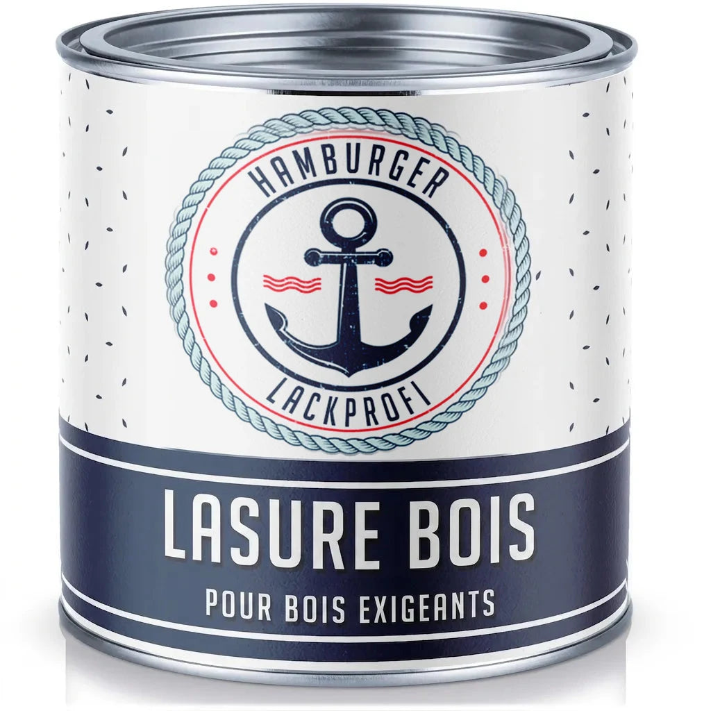 Pot de lasure bois "Hamburger Lackprofi" pour bois exigeants, design marin avec ancre.