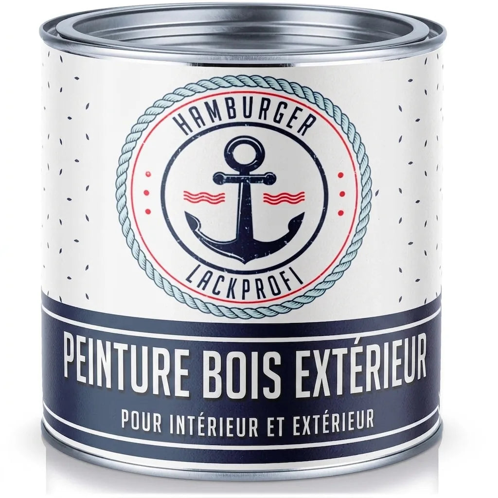Pot de peinture blanche Hamburger Lackprofi pour bois, intérieur et extérieur, avec logo ancre marine.