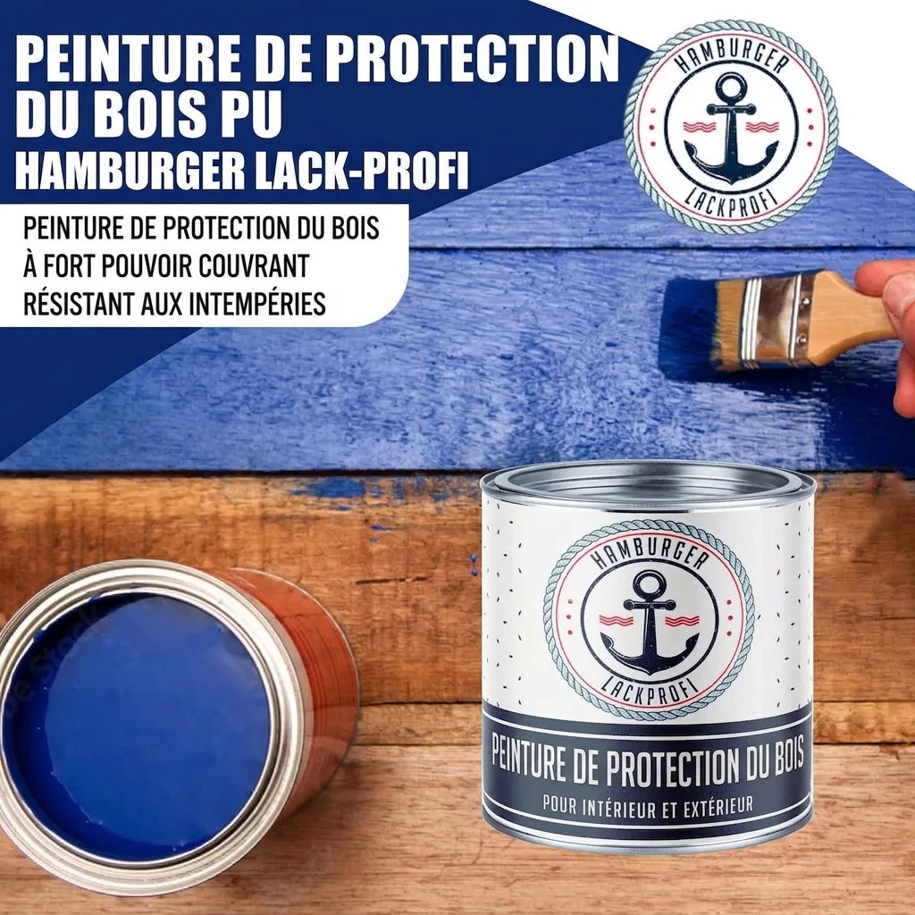 Peinture de protection bois PU bleue 'Hamburger Lack-Profi' haute couvrance, résistante aux intempéries, pour intérieur et extérieur.