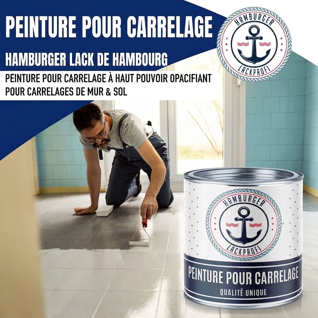 Peinture carrelage Fliesenlack Hamburger Lack-Profi. Un homme rénove le sol. Haute couvrance pour murs et sols.