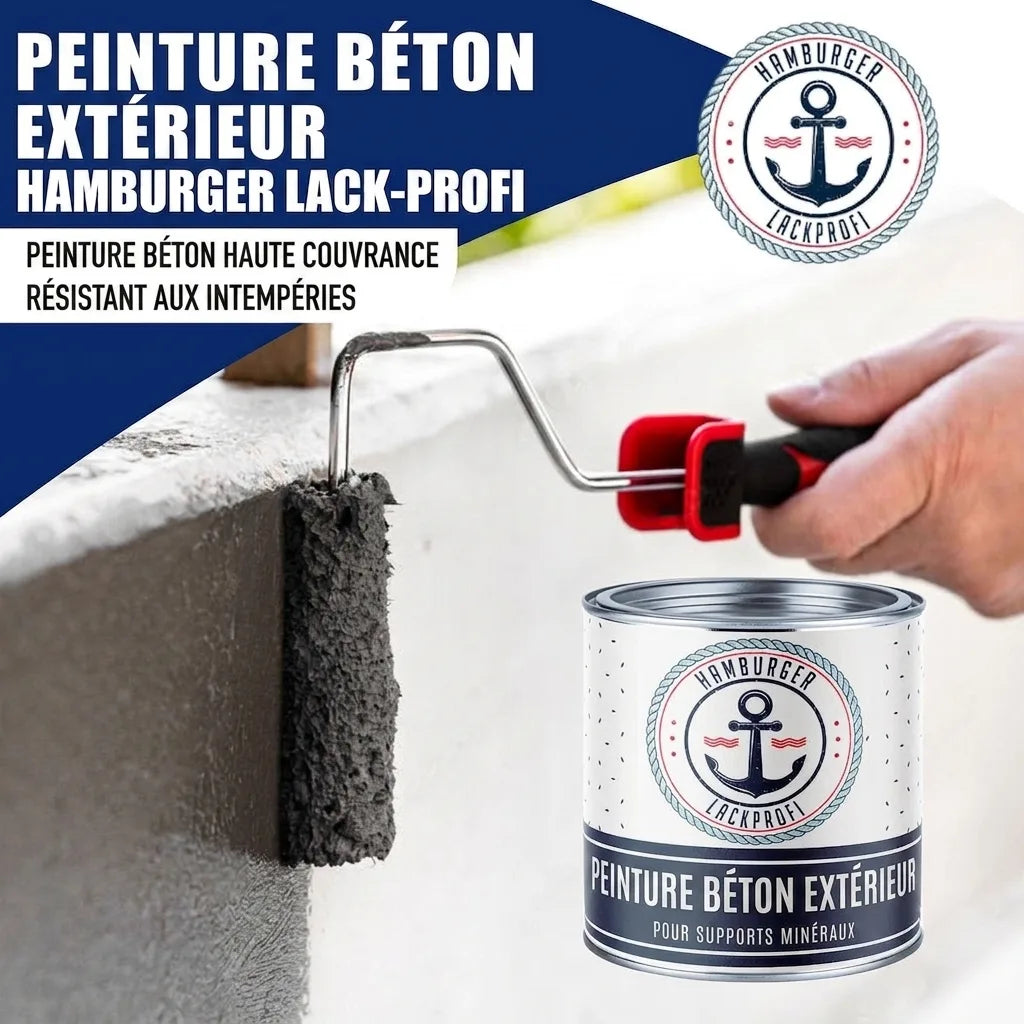Peinture béton gris foncé résistante aux intempéries de Hamburger Lack-Profi, application au rouleau sur béton.