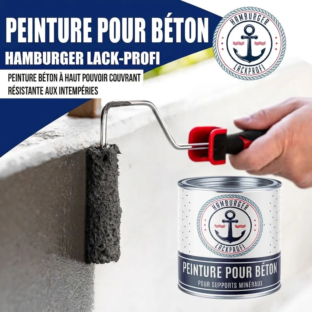 Publicité pour peinture béton Hamburger Lack-Profi. Un rouleau applique la peinture grise sur du béton, pot visible. Opaque, résistante.