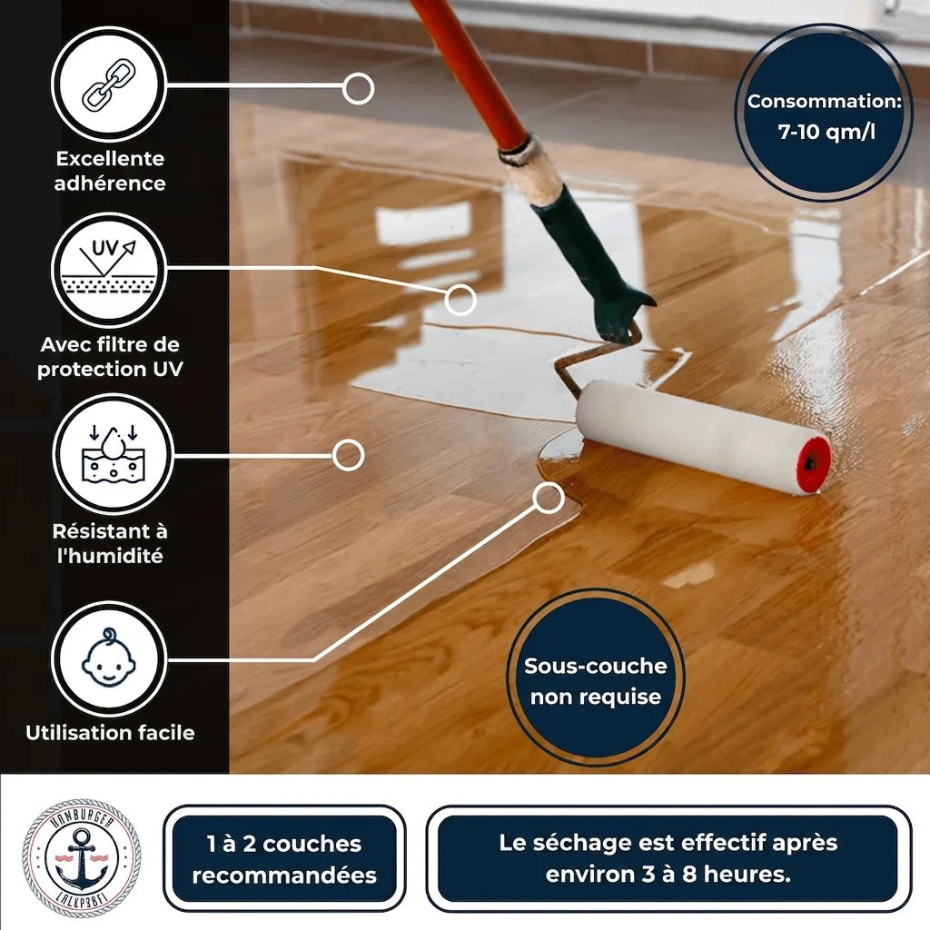 Application de vernis/scellant sur parquet. Info produit: adhérence, UV, résistant humidité, facile, sans primaire, 1-2 couches, séchage 3-8