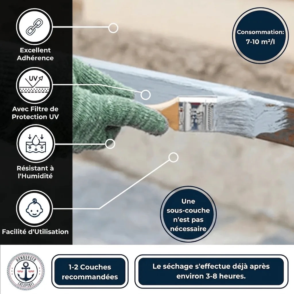Avantages peinture : excellente adhérence, protection UV, résistante à l'humidité, facile d'usage, séchage 3-8h.