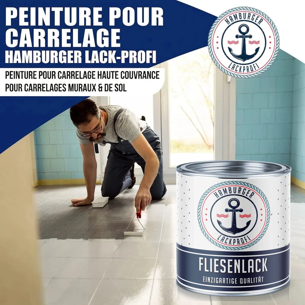 Peinture pour carrelage "Hamburger Lack-Profi". Un homme applique la peinture "Fliesenlack" sur un sol.