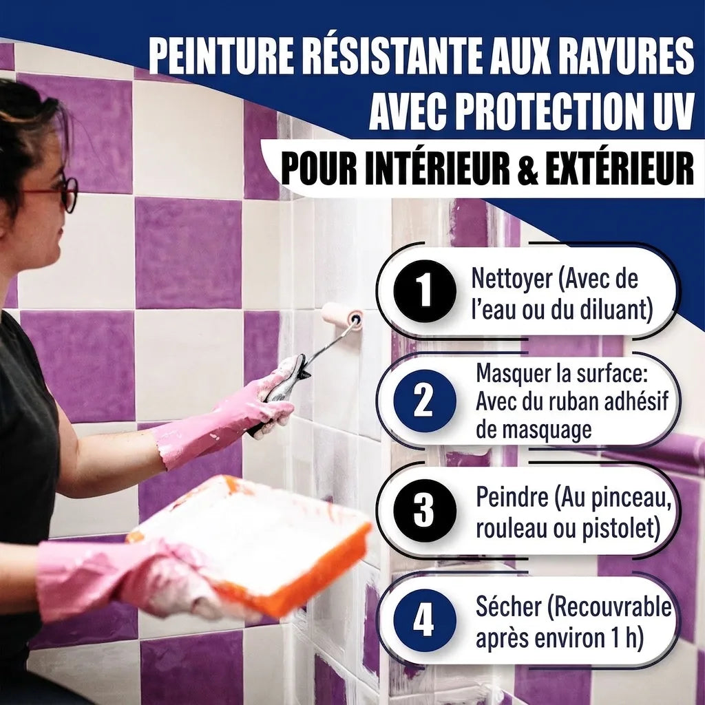 Femme peignant des carreaux, montrant les étapes d'application. Peinture anti-rayures UV intérieur/extérieur.