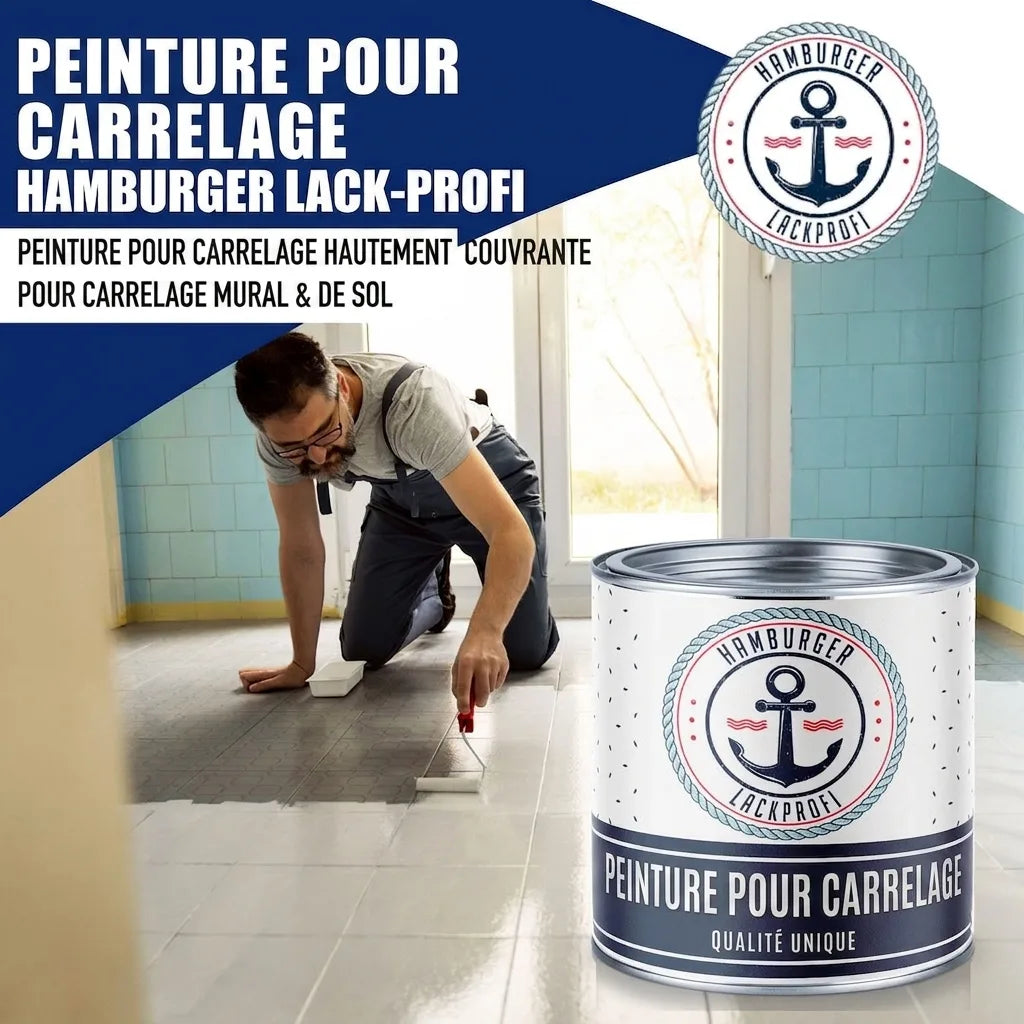 Homme peignant des carreaux de sol avec de la peinture pour carrelage Hamburger Lack-Profi. Rénovation sol et mur.
