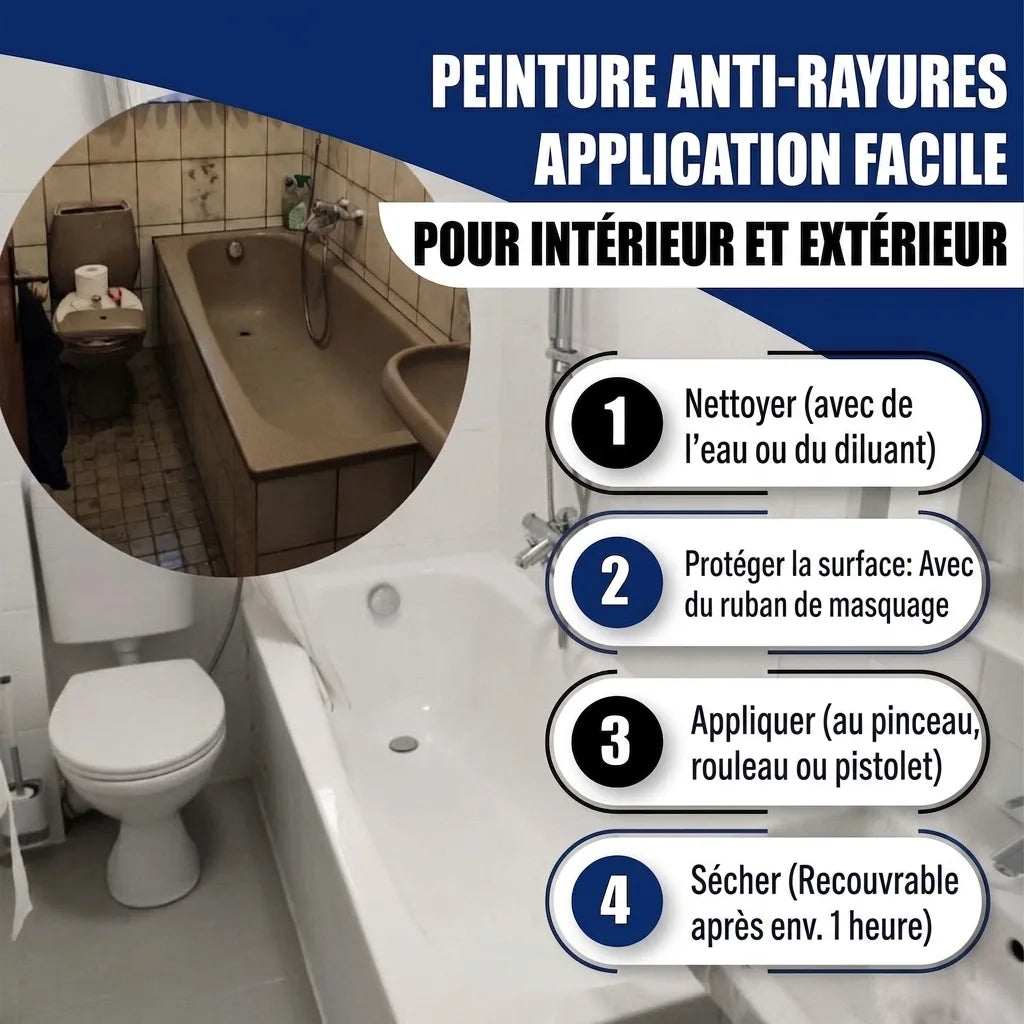 Peinture rénovation baignoire & WC: avant/après, anti-rayures, application facile intérieur/extérieur.