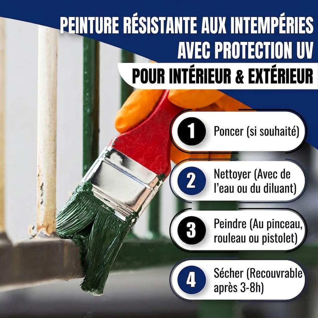Main peignant une rampe. Peinture tout temps UV pour intérieur/extérieur, avec 4 étapes d'application.