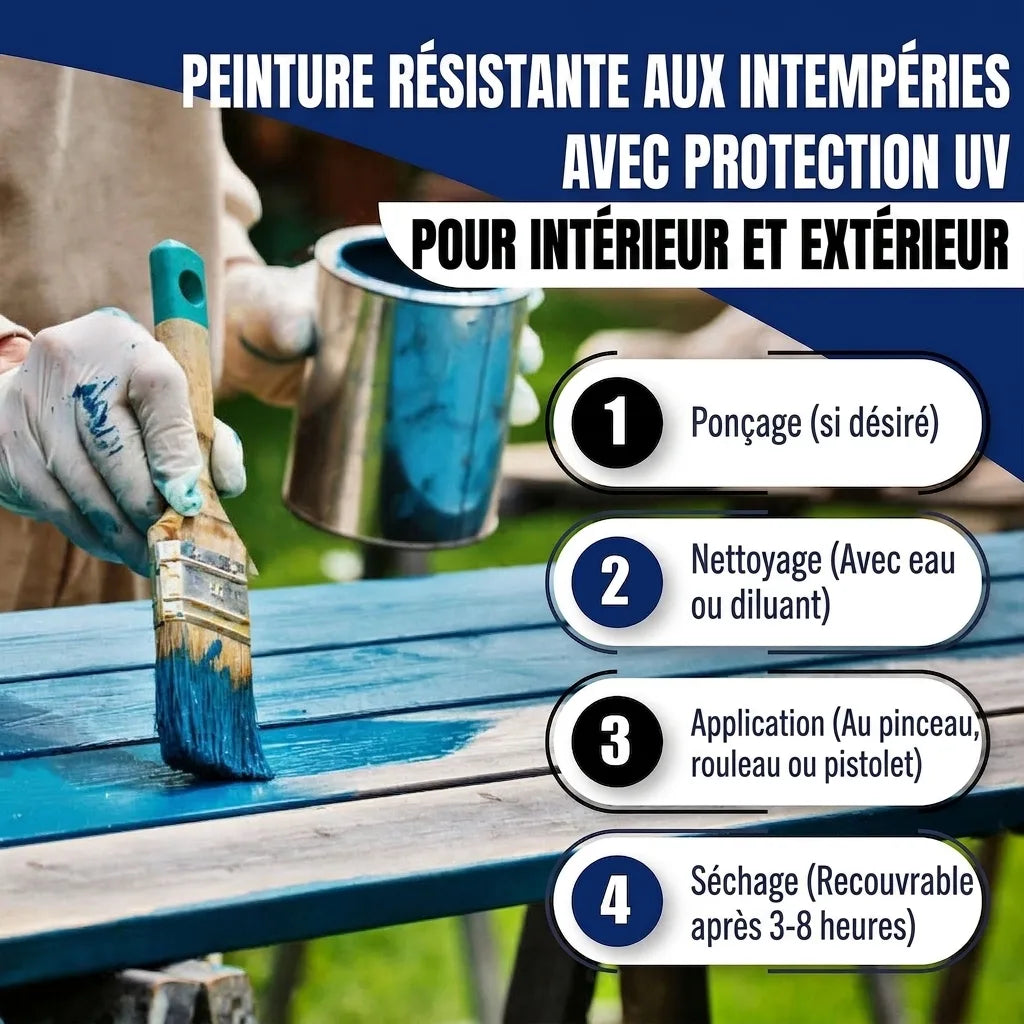 Peinture résistante aux intempéries avec protection UV pour intérieur/extérieur. Guide d'application en 4 étapes.