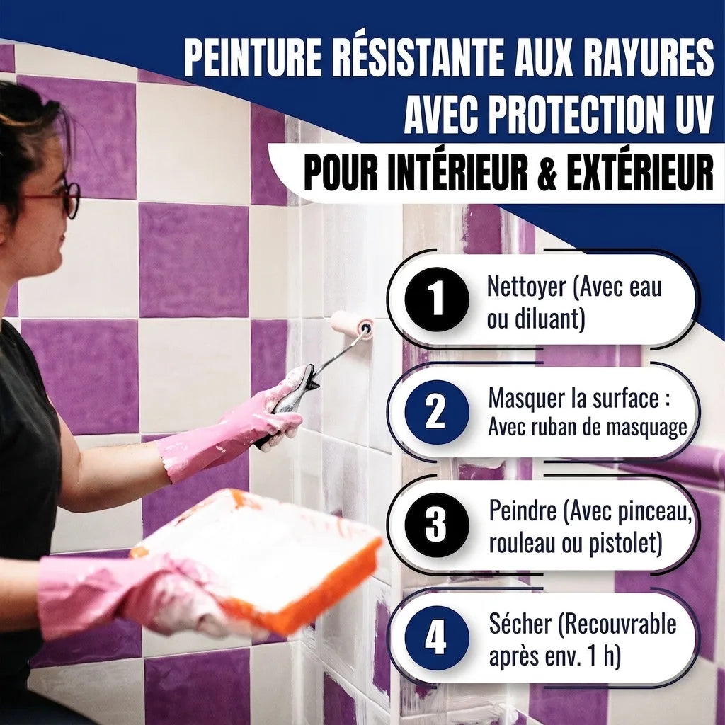 Femme peignant des carreaux. Texte allemand : Peinture anti-rayures UV int/ext, 4 étapes d'application.