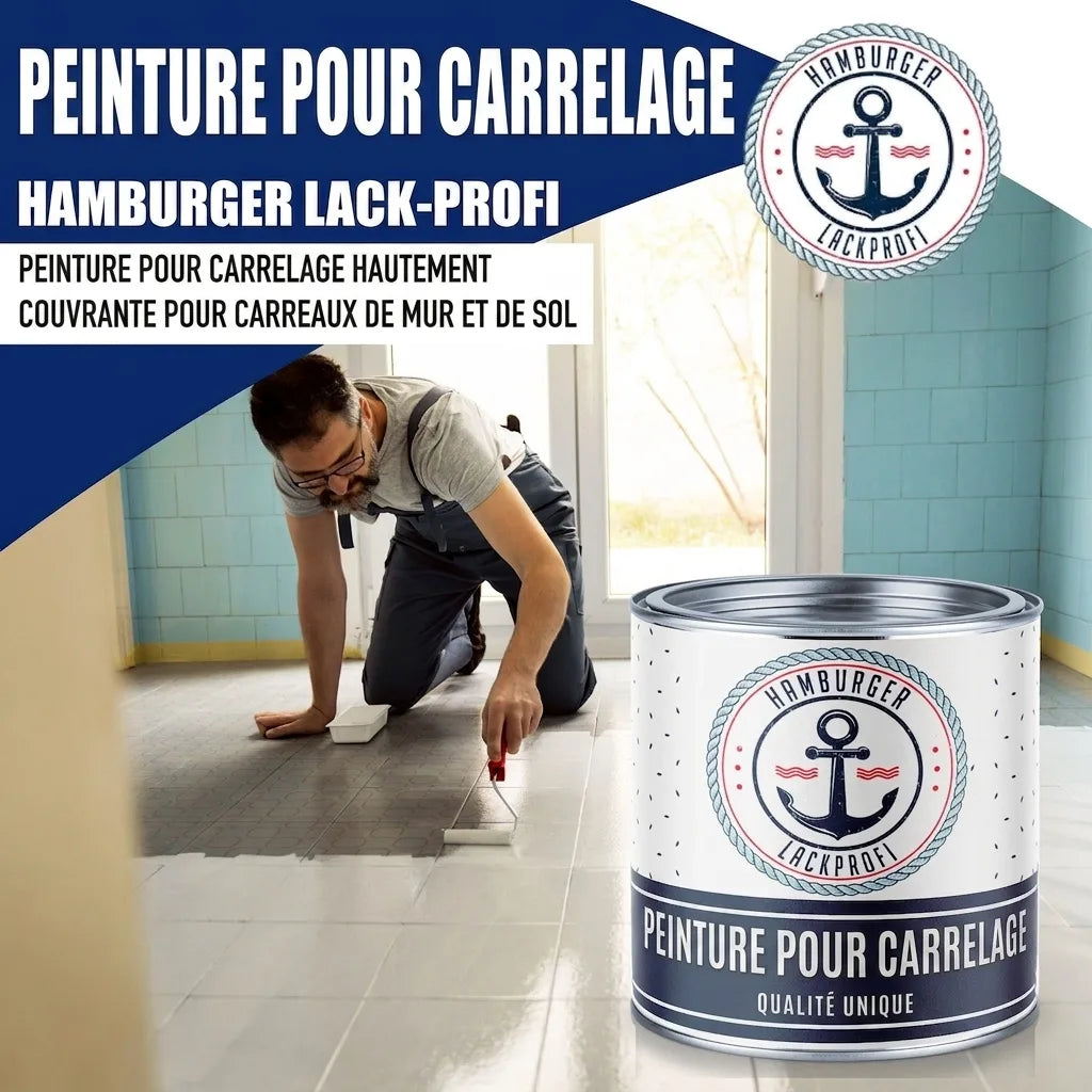 Homme peignant des carreaux de sol avec de la peinture pour carrelage Hamburger Lack-Profi. Rénovation sol et mur.