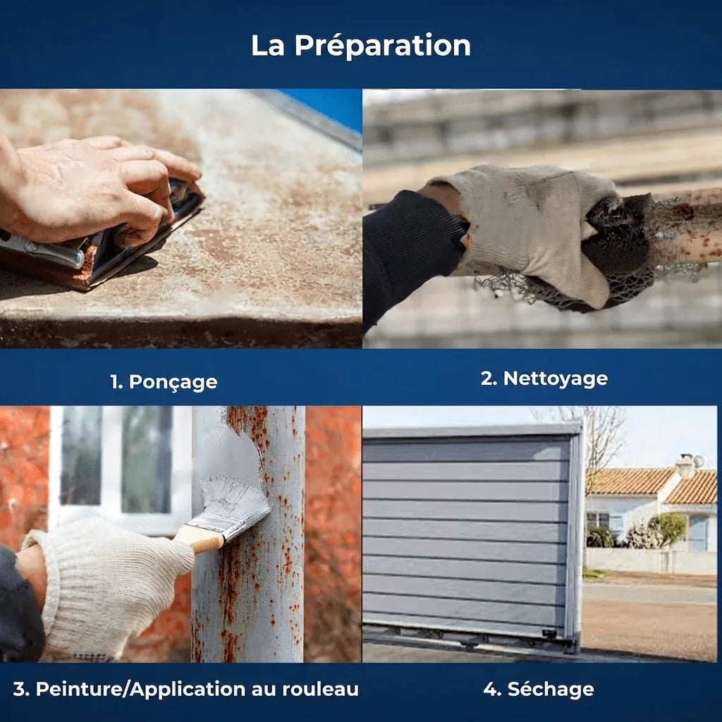 Étapes de préparation et de peinture : ponçage, nettoyage, application de peinture et séchage d'une surface.