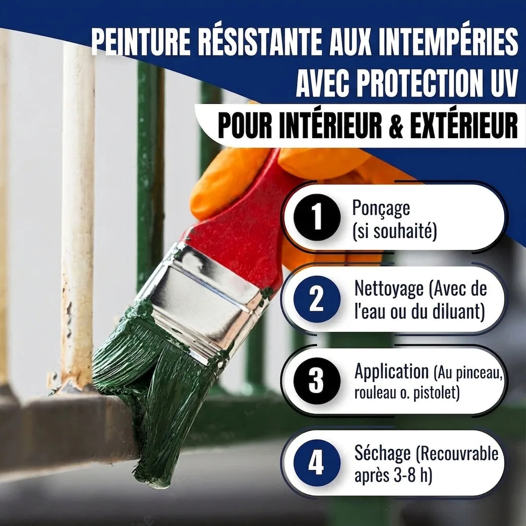 Pinceau appliquant peinture verte sur une clôture métallique. Peinture tout temps et anti-UV pour intérieur et extérieur.