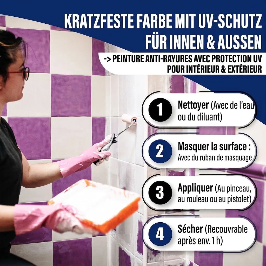 Une femme peint des carreaux violets. Instructions pour peinture anti-rayures UV intérieur/extérieur.