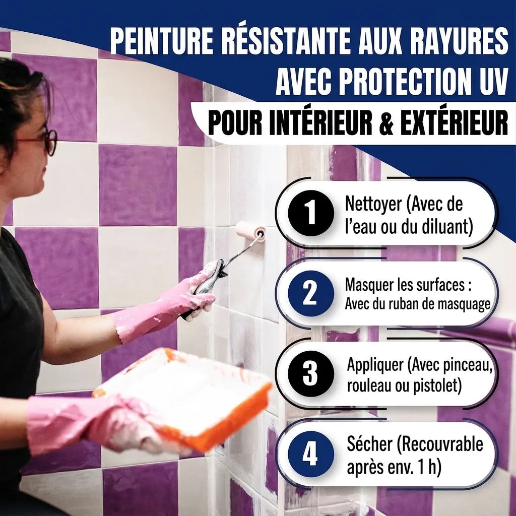 Femme peignant des carreaux, explication des 4 étapes d'application pour peinture anti-rayures UV intérieur/extérieur.