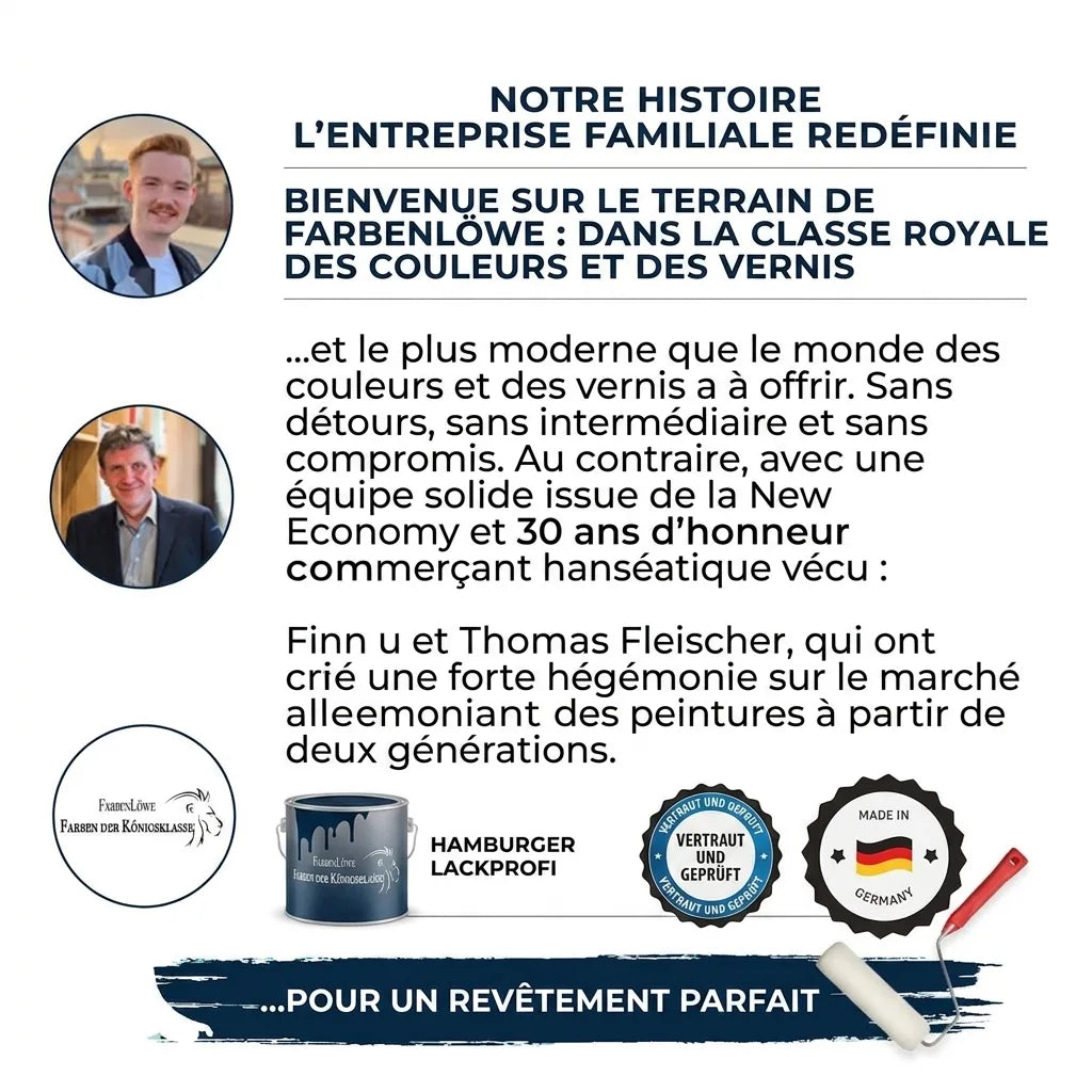 Annonce FarbenLöwe : Histoire de notre entreprise familiale redéfinie, peintures de qualité supérieure Made in Germany.