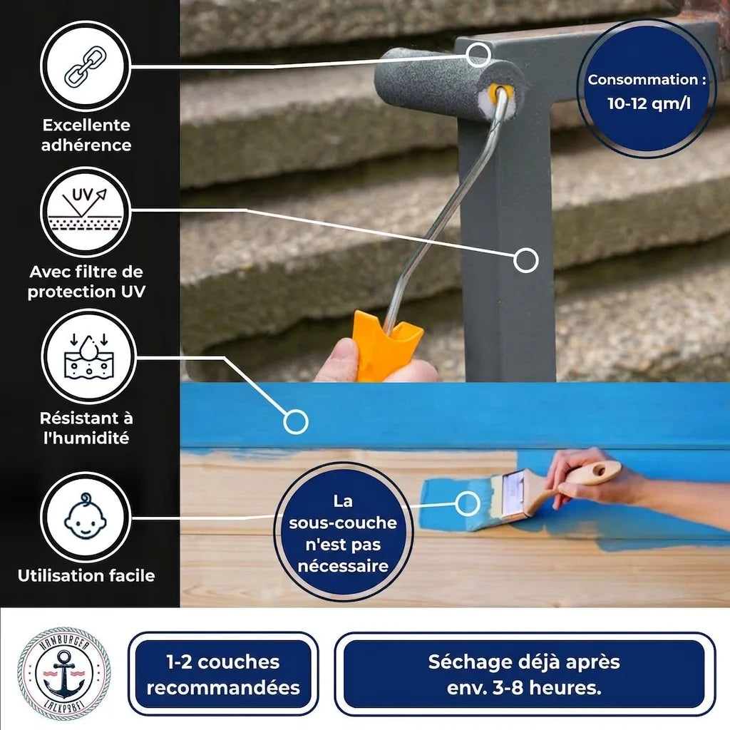 Infographie d'une peinture avec ses caractéristiques : adhérence, UV, humidité, sans apprêt, consommation, séchage.