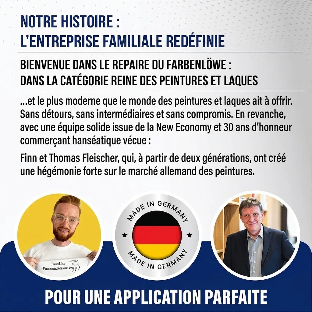 Image publicitaire allemande Farbenlöwe: entreprise familiale de peinture, avec fondateurs et "Made in Germany".