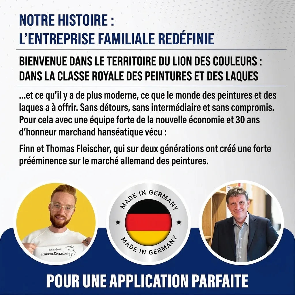 Flyer marketing allemand: entreprise familiale redéfinissant la peinture et le vernis, 'Made in Germany'.