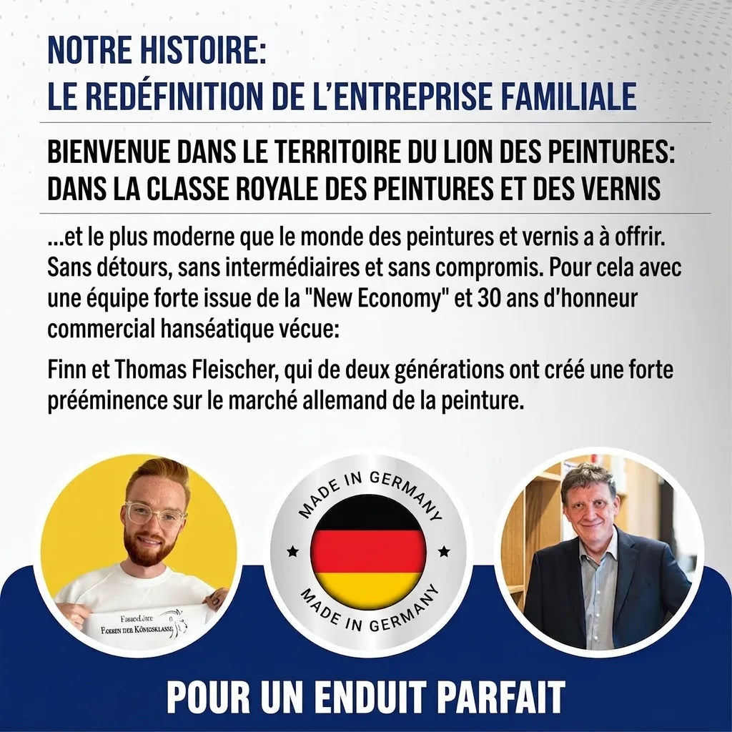 Panneau d'information Farbenlöwe, entreprise allemande de peinture familiale. Texte sur la qualité supérieure, deux hommes et logo Made in G