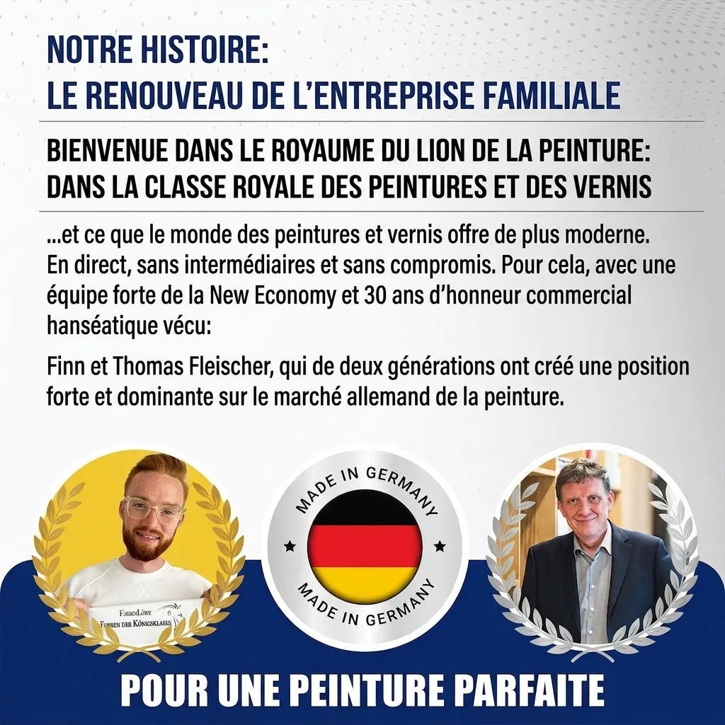Publicité FarbenLöwe: entreprise familiale allemande de peinture. Finn et Thomas Fleischer, qualité Made in Germany.