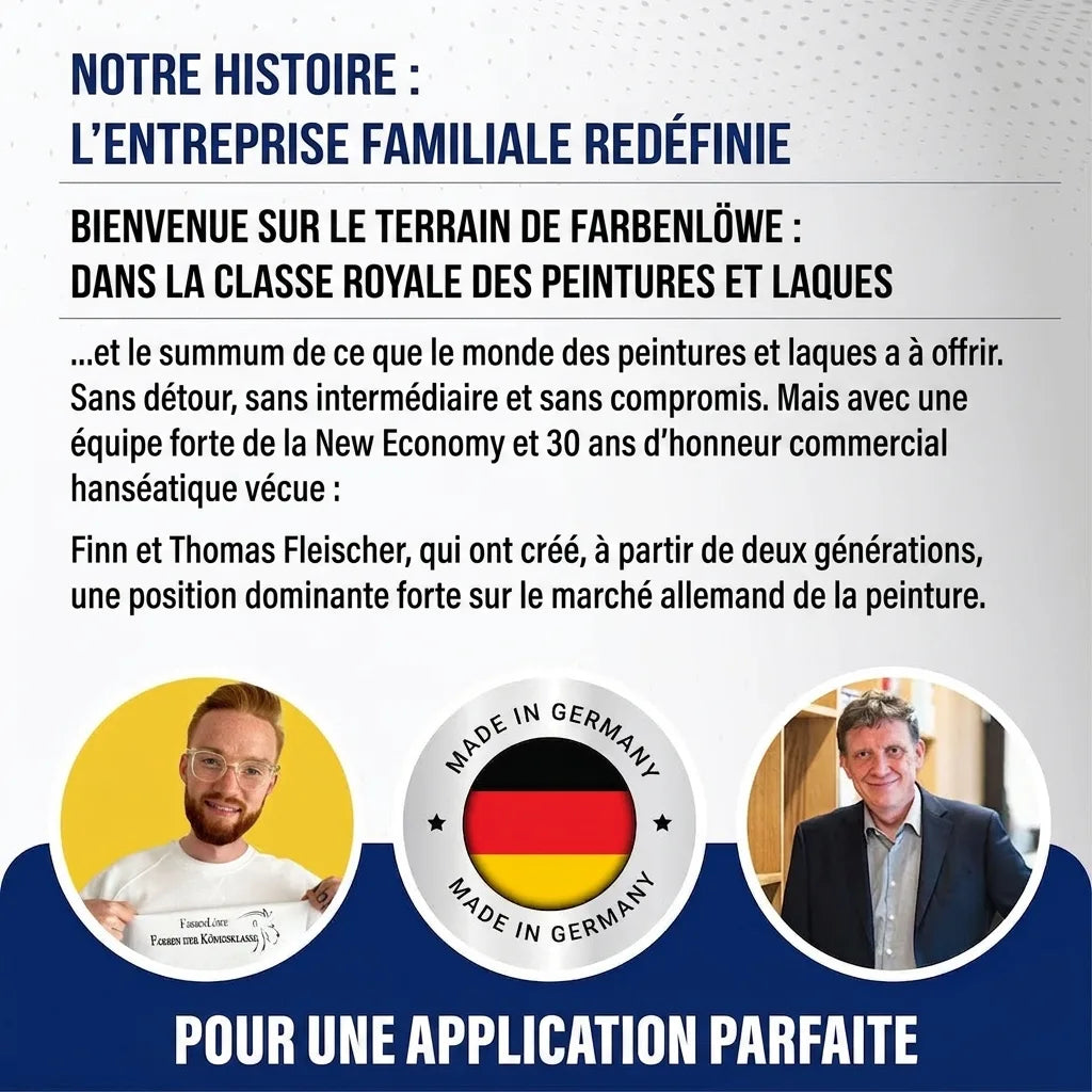 Publicité allemande de Farbenlöwe, entreprise familiale redéfinie, pour des peintures de qualité Made in Germany.