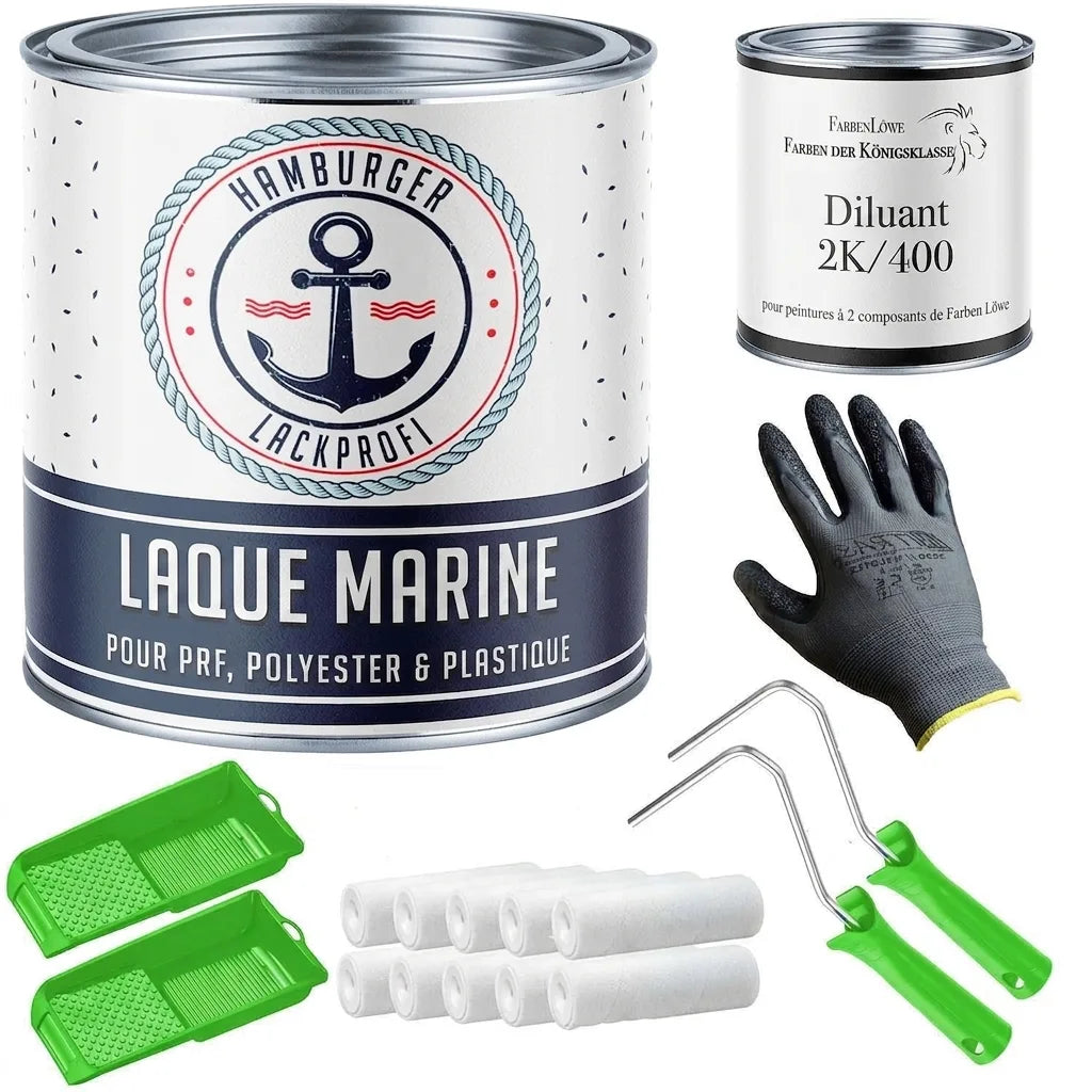 Kit de peinture pour bateau avec vernis Hamburger Lackprofi, diluant Farben Löwe, gants, rouleaux et bacs.