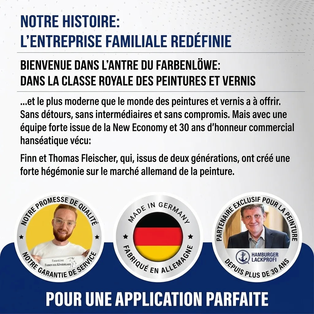 Publicité allemande de Farbenlöwe, entreprise familiale redéfinie, pour des peintures de qualité Made in Germany.